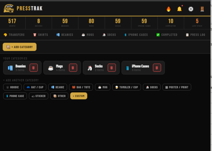Custom item inventory tracking in PressTrak