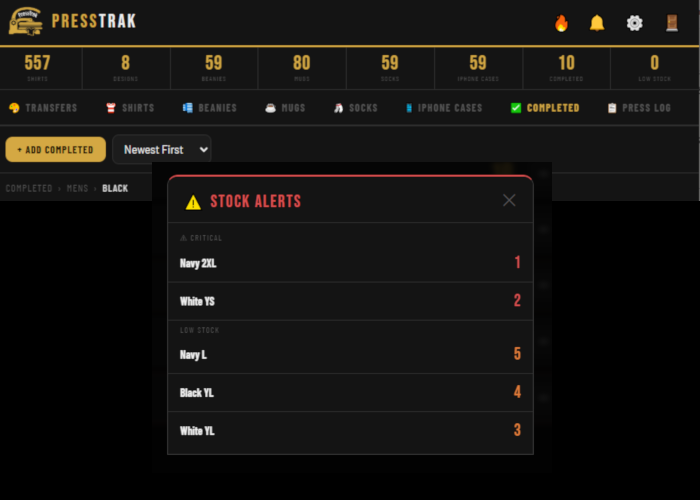 PressTrak dashboard with low stock alerts