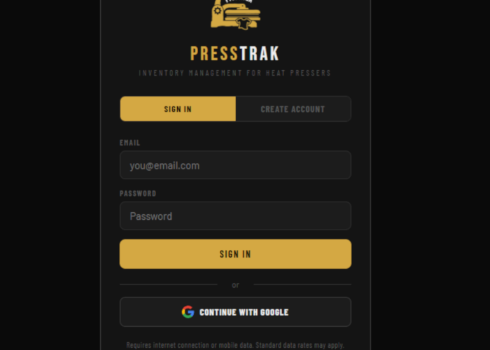 PressTrak login screen